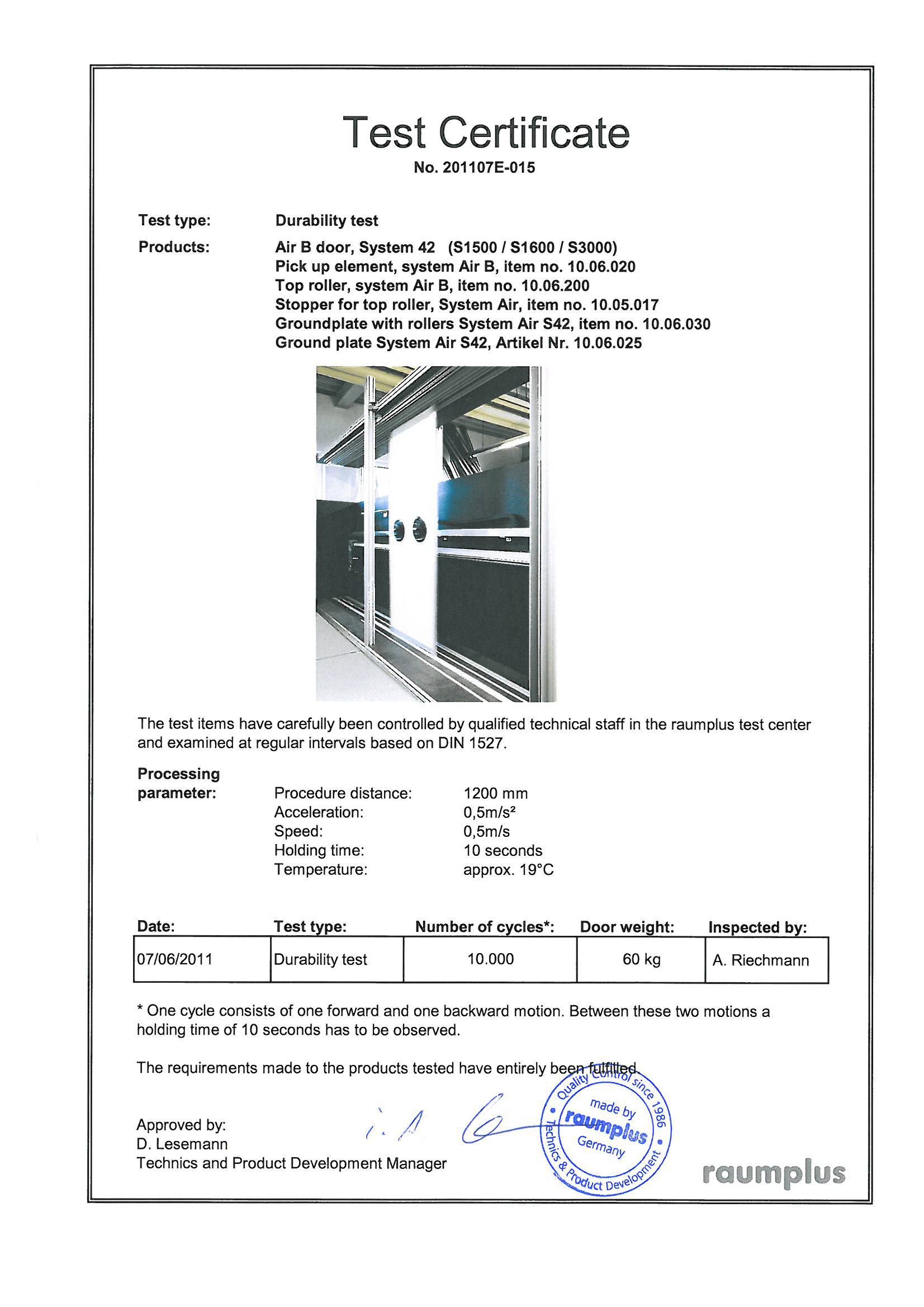 Сертификат тестирования системы подвесных перегородок AIR S42 (S1500/1600/3000) raumplus<br />
<br />
Тестирование образцов тщательно контролировалось квалифицированным техническим персоналом в центре raumplus.<br />
<br />
Сертификат подтверждает успешное прохождение теста системы перегородок AIR S42 (S1500/1600/3000) raumplus следующими исходными данными:<br />
Артикулы комплектующих, входящий в систему: 10.06.020, 10.06.200, 10.05.017, 10.06.030, 10.06.025.<br />
Вес перегородки 60 кг, 10.000 циклов.
